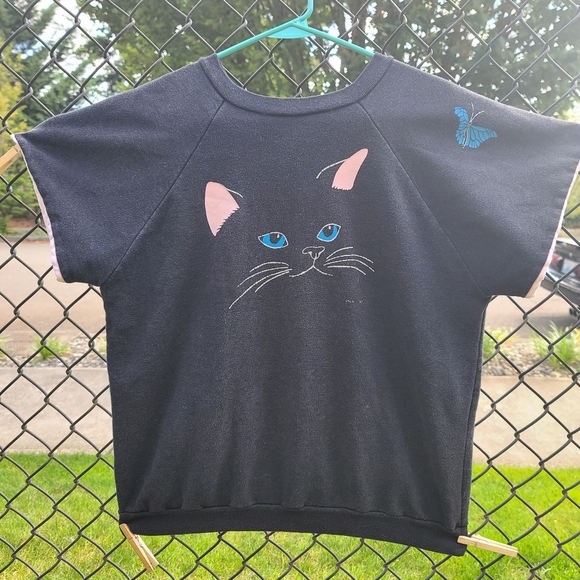 Vintage 80's black cat face sweatshirt t-shirt - M - Picture 1 of 5